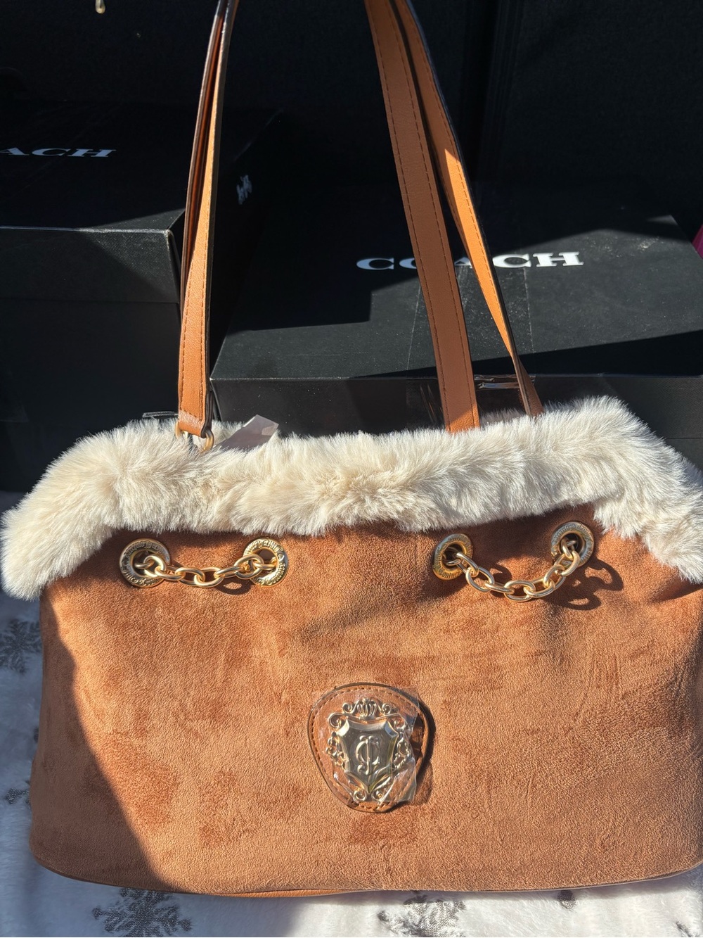 Juicy Couture Tan Suede Shoulder Bag with Cream Faux Fur Trim and Gold Hardware